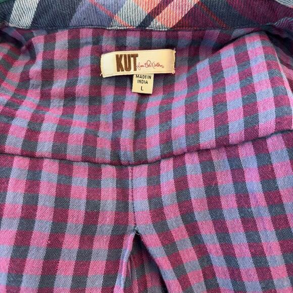 Kut From The Kloth Womens L Purple Blue Plaid 100% Cotton Button Up Shirt Top - Picture 5 of 6